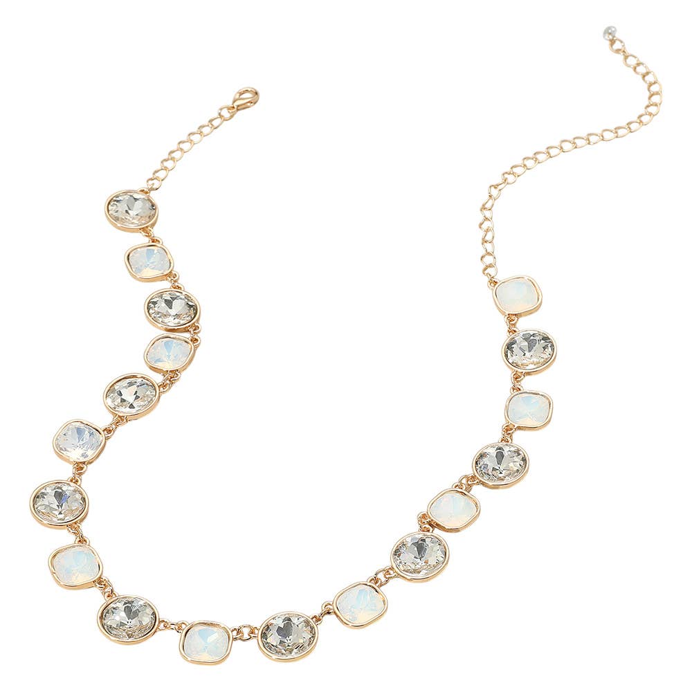Round Square Stone Bezel Cluster Link Necklace