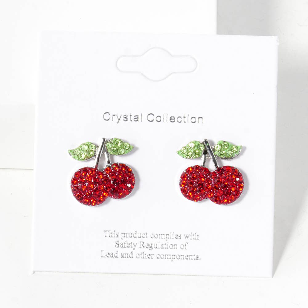 Crystal Stone Paved Cherry Stud Earrings