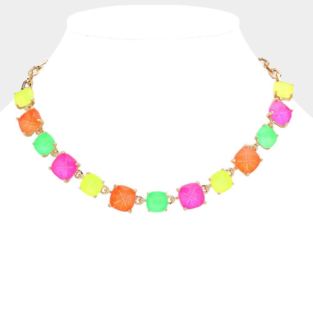 American USA Cushion Square Stone Link Evening Necklace