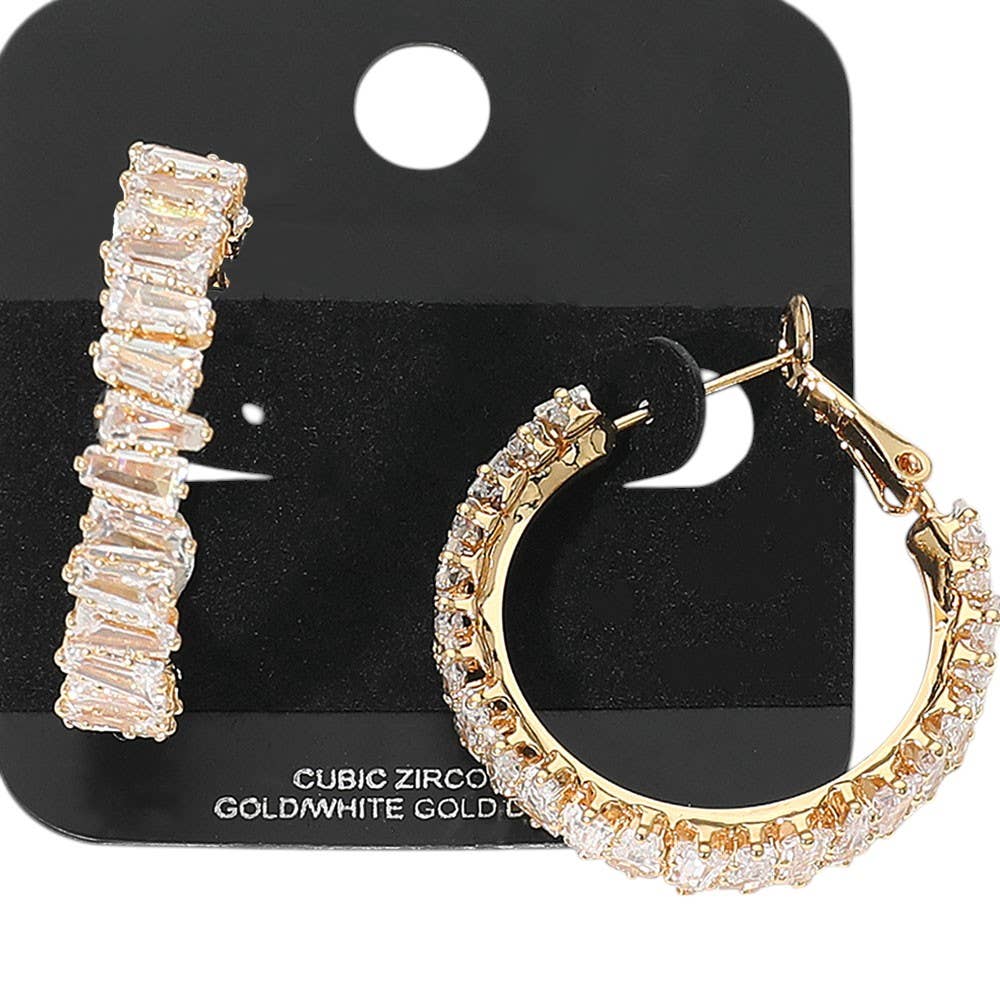 Gold Dipped Full Baguette CZ Stone Around Evening Hoop Earrings