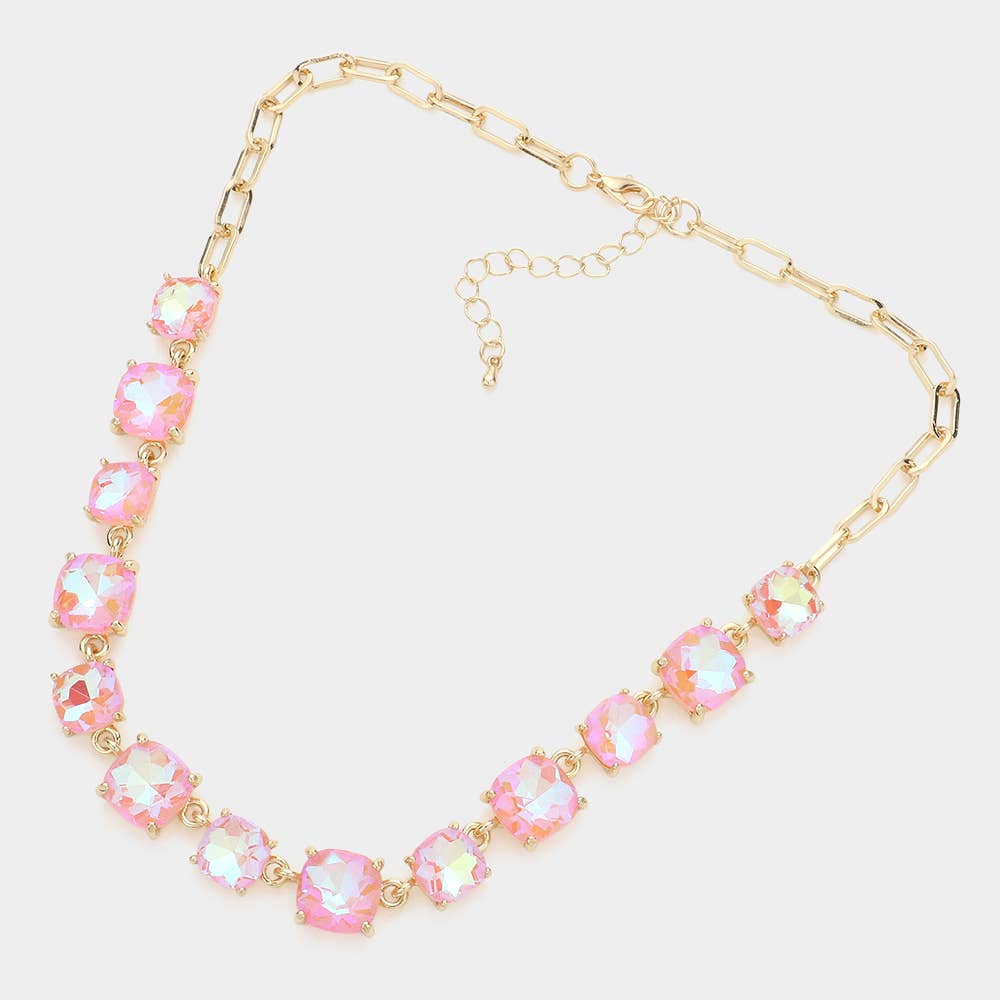 American USA Cushion Square Stone Link Evening Necklace