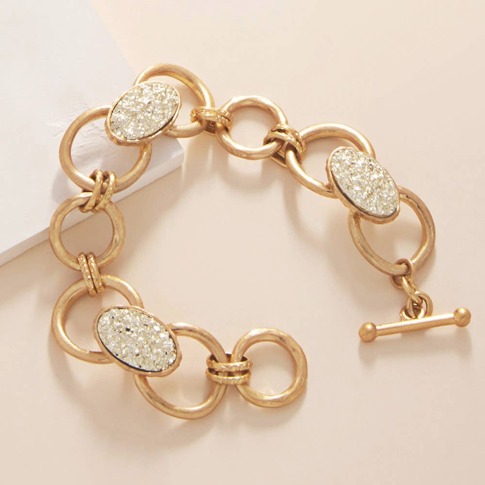 Oval Druzy Pointed Metal Oval Chain Link Toggle Bracelet