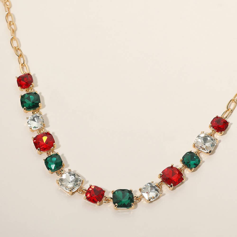 American USA Cushion Square Stone Link Evening Necklace