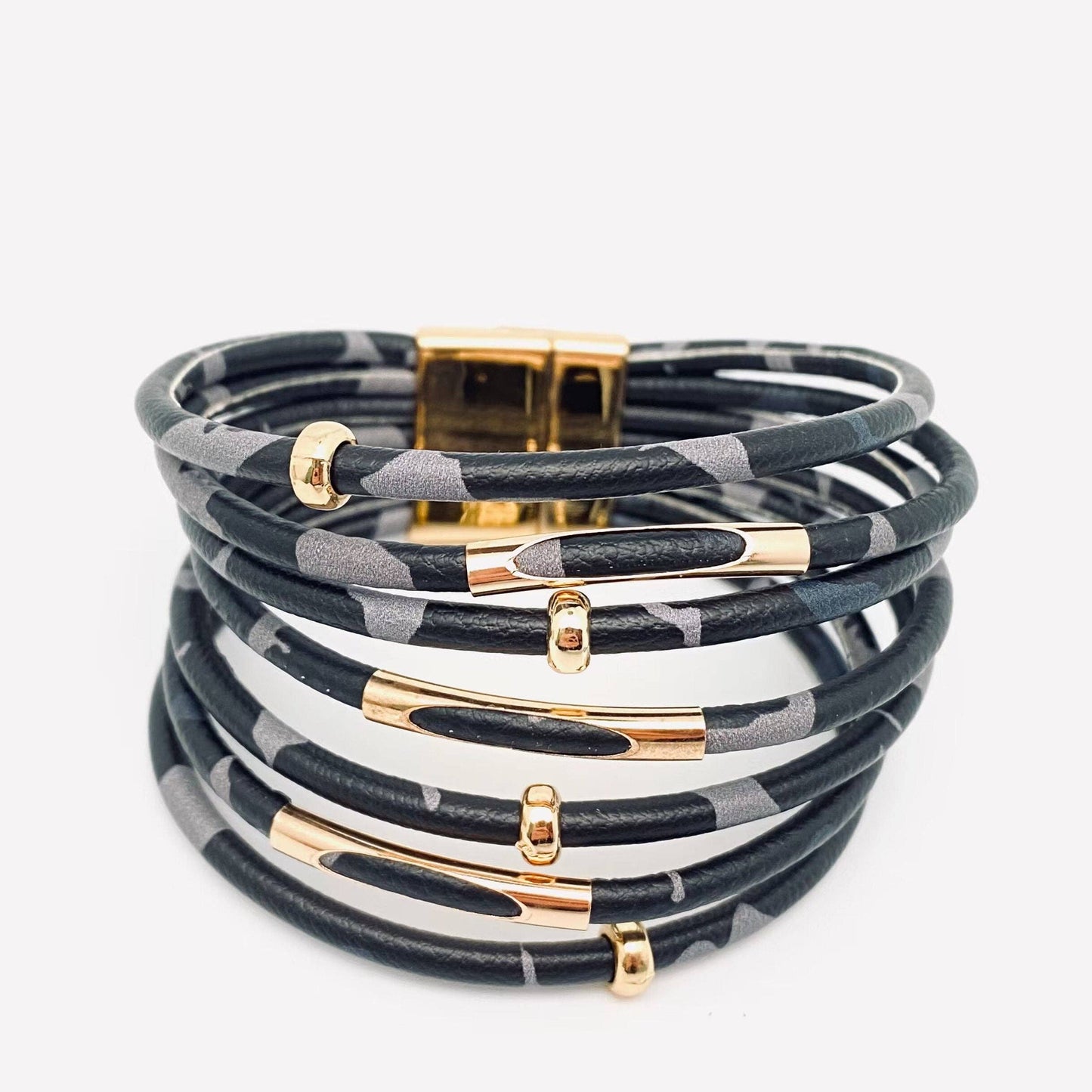Magnetic Buckle Leopard-Print Multilayer Beaded Bangle