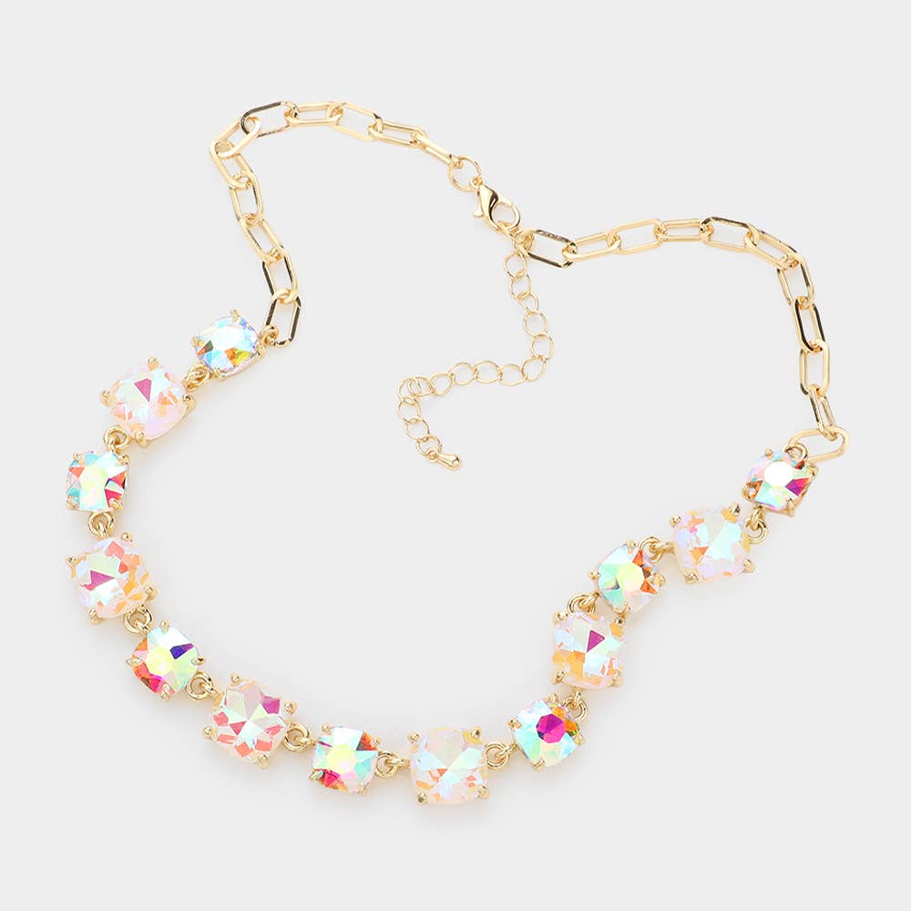 American USA Cushion Square Stone Link Evening Necklace