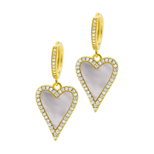 White Mother-of-Pearl Heart Huggie Earrings