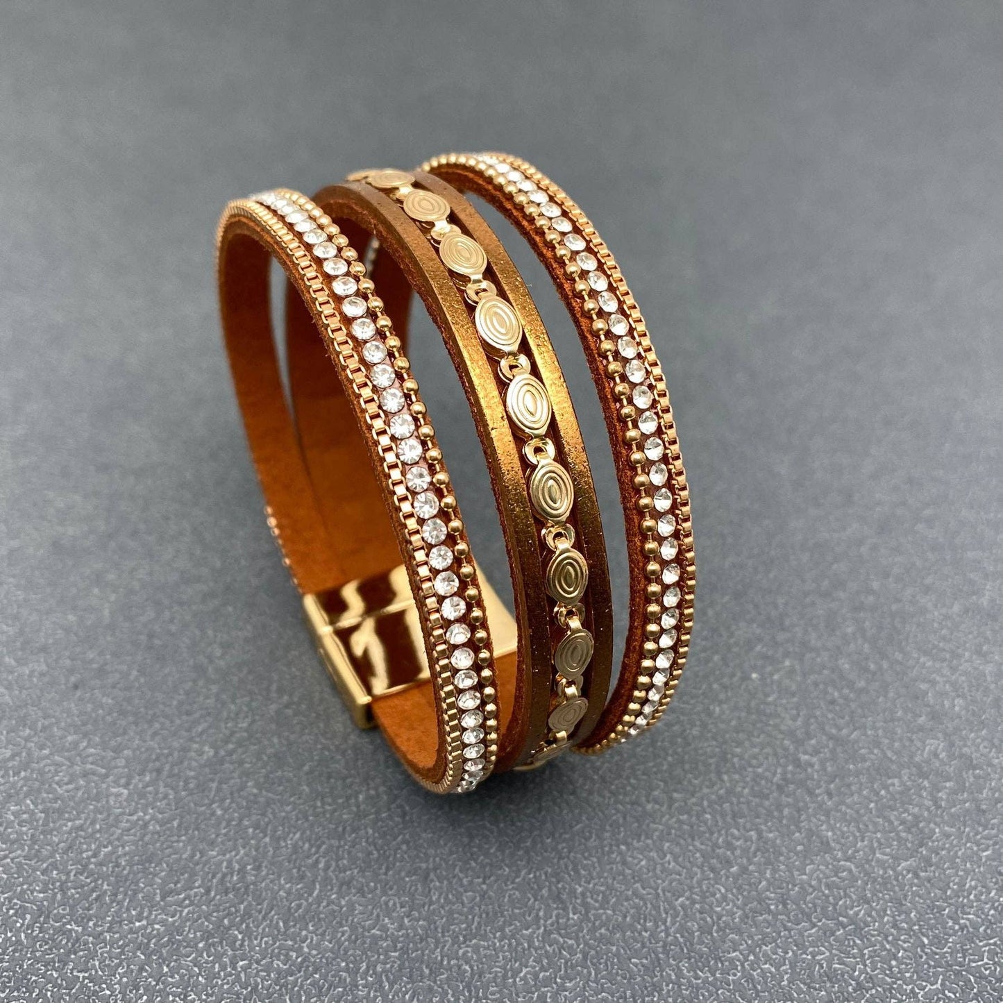 Sparkling Rhinestone & Leather Triple-Layer Boho Bracelet