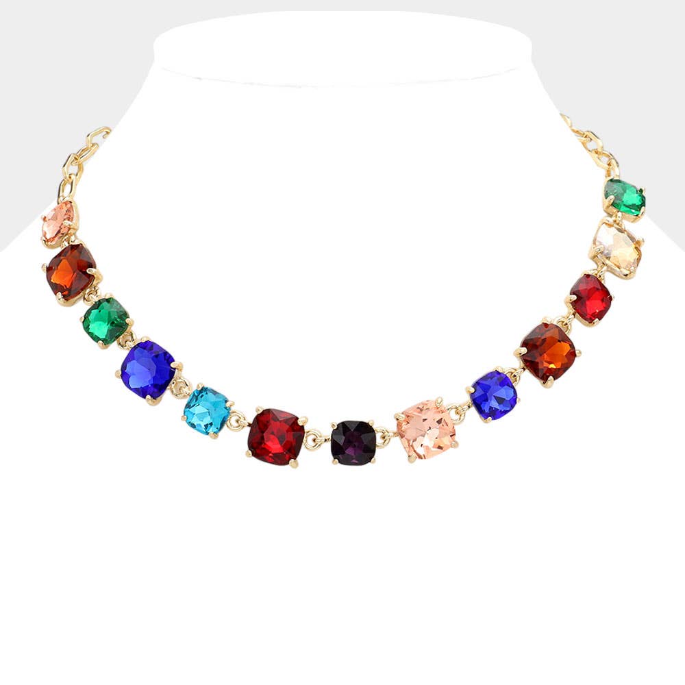 American USA Cushion Square Stone Link Evening Necklace