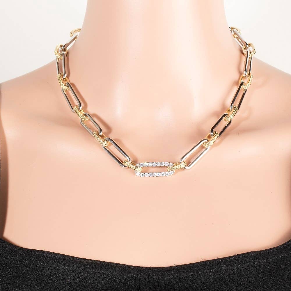 Two Tone Oval Chain Cz Pave Link Chain Necklace