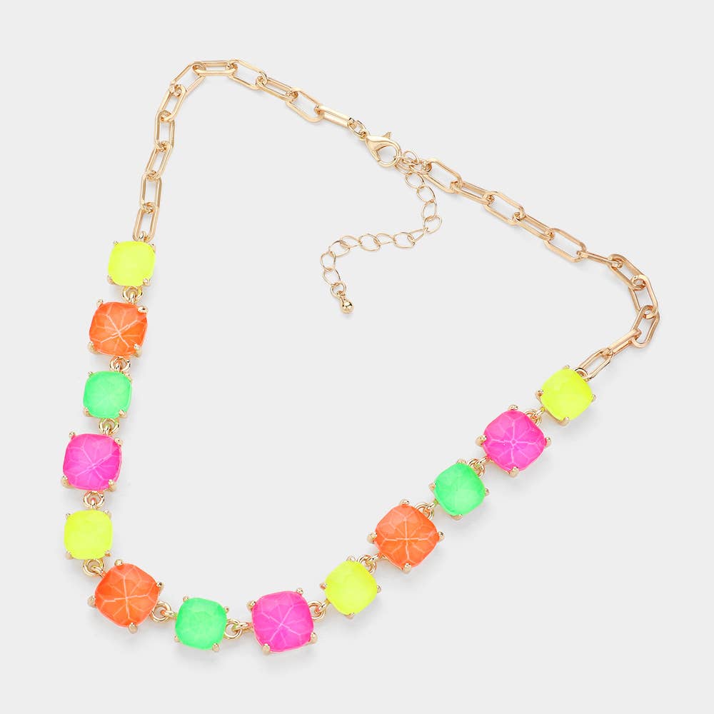 American USA Cushion Square Stone Link Evening Necklace