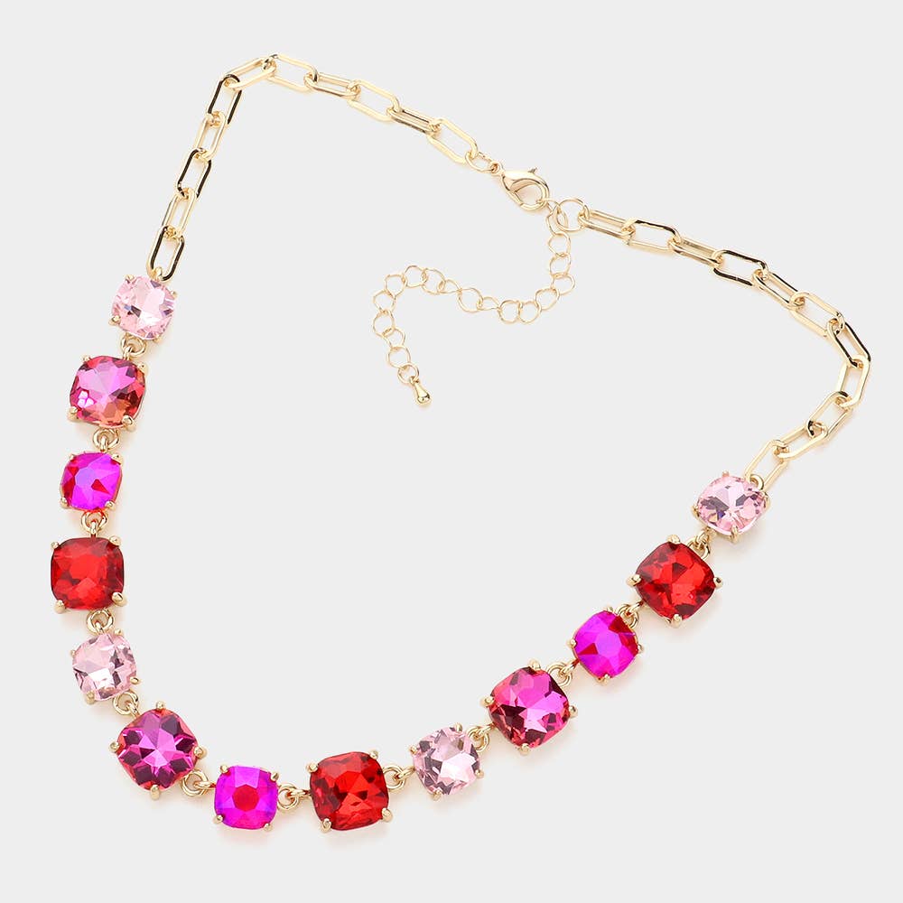 American USA Cushion Square Stone Link Evening Necklace