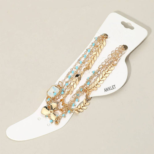 4PCS - Boho Charms and Beaded Layered Chain Anklet Set
