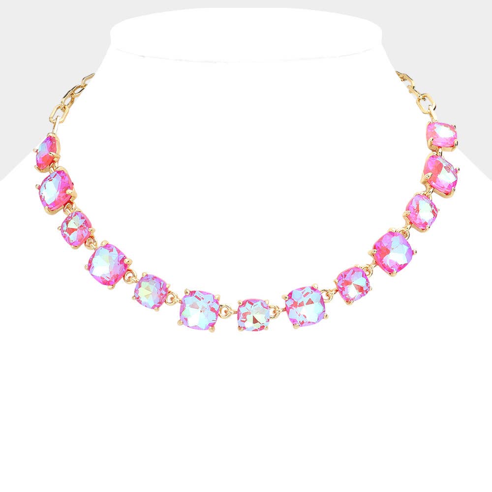 American USA Cushion Square Stone Link Evening Necklace