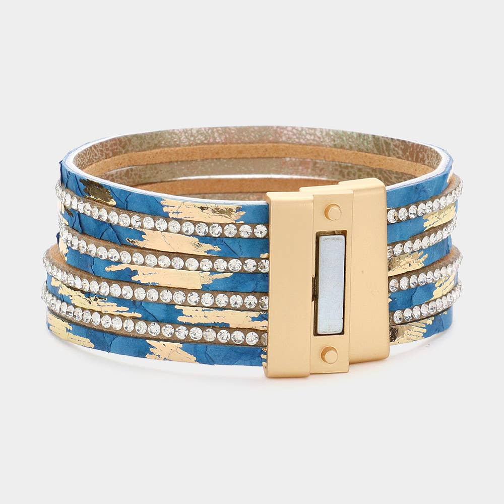 Rhinestone Paved Chain Faux Leather Magnetic Bracelet