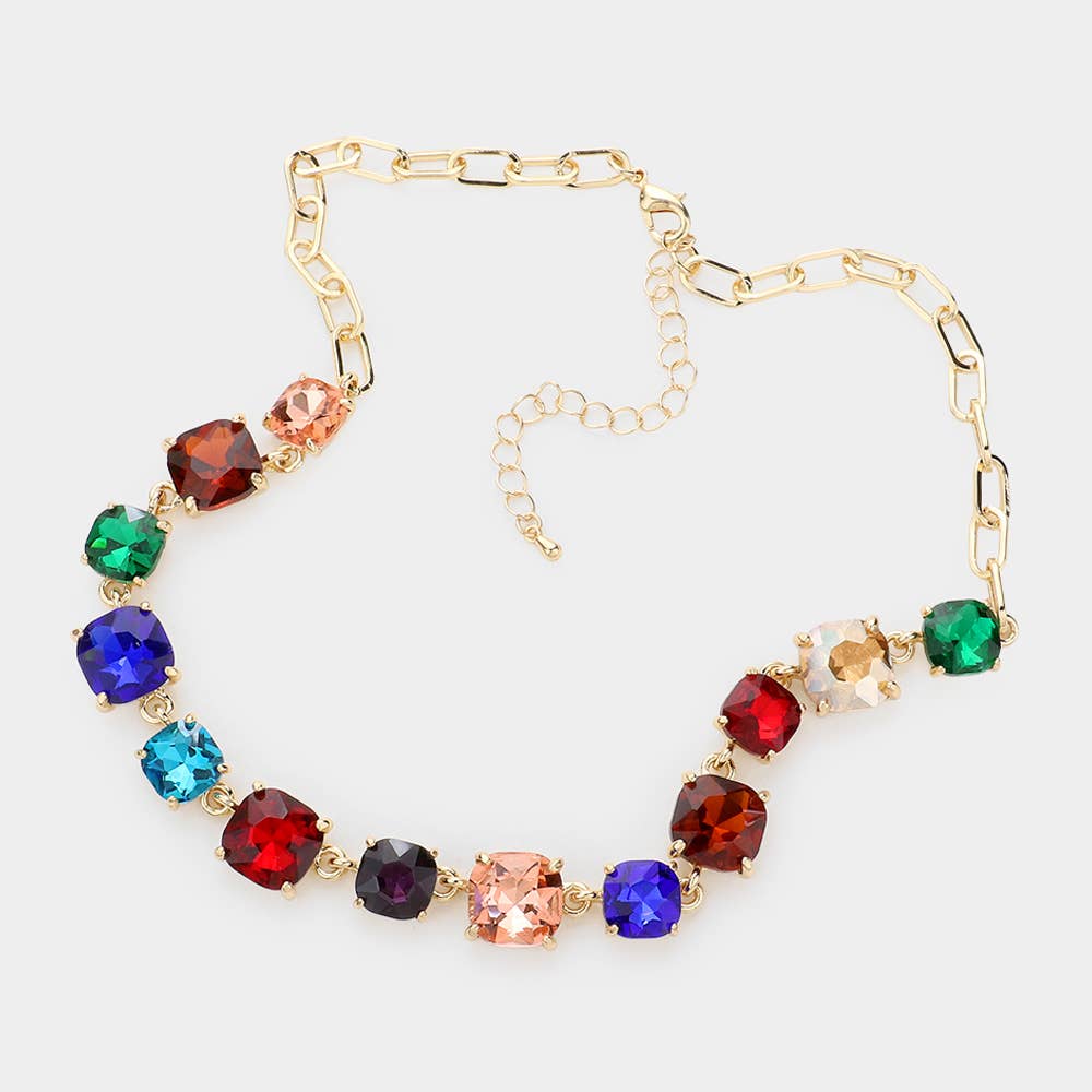 American USA Cushion Square Stone Link Evening Necklace