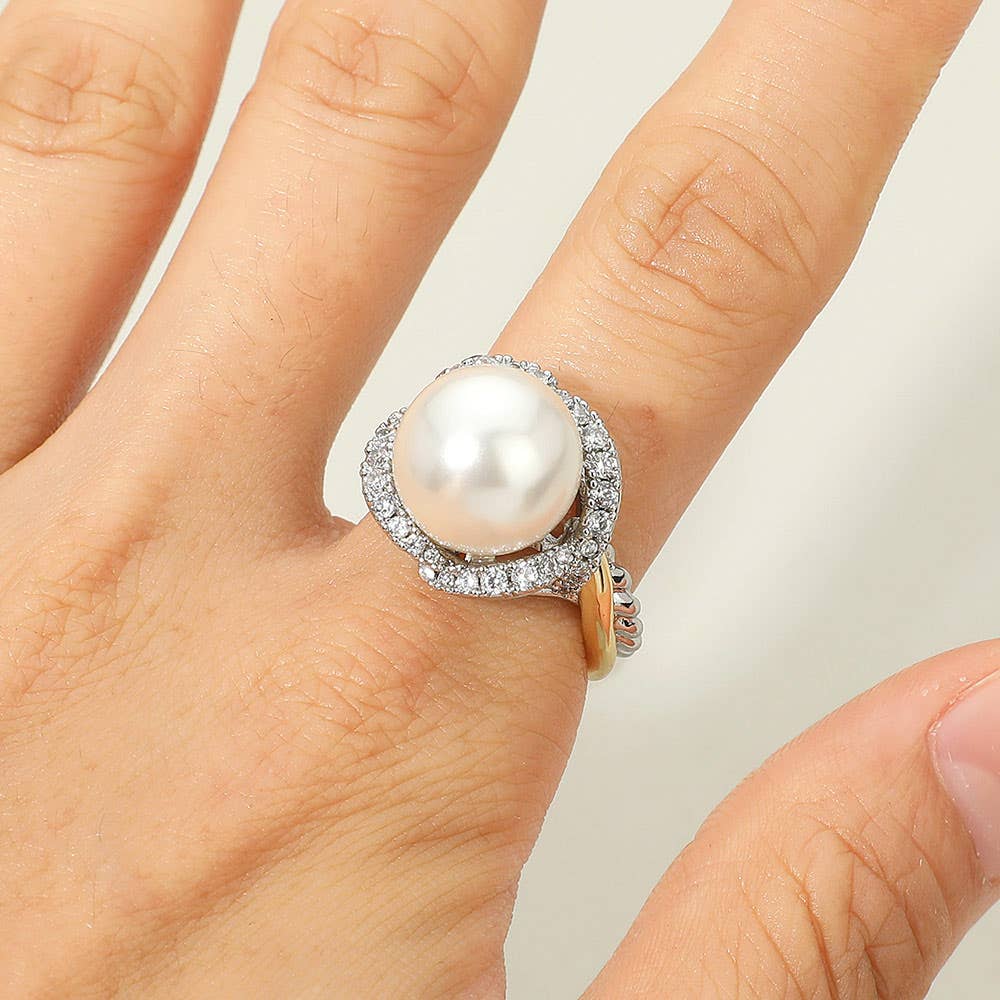 Two Tone CZ Stone Halo Pearl Statement Ring