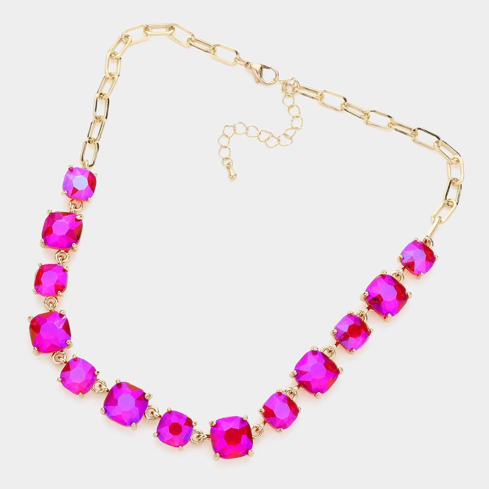 American USA Cushion Square Stone Link Evening Necklace