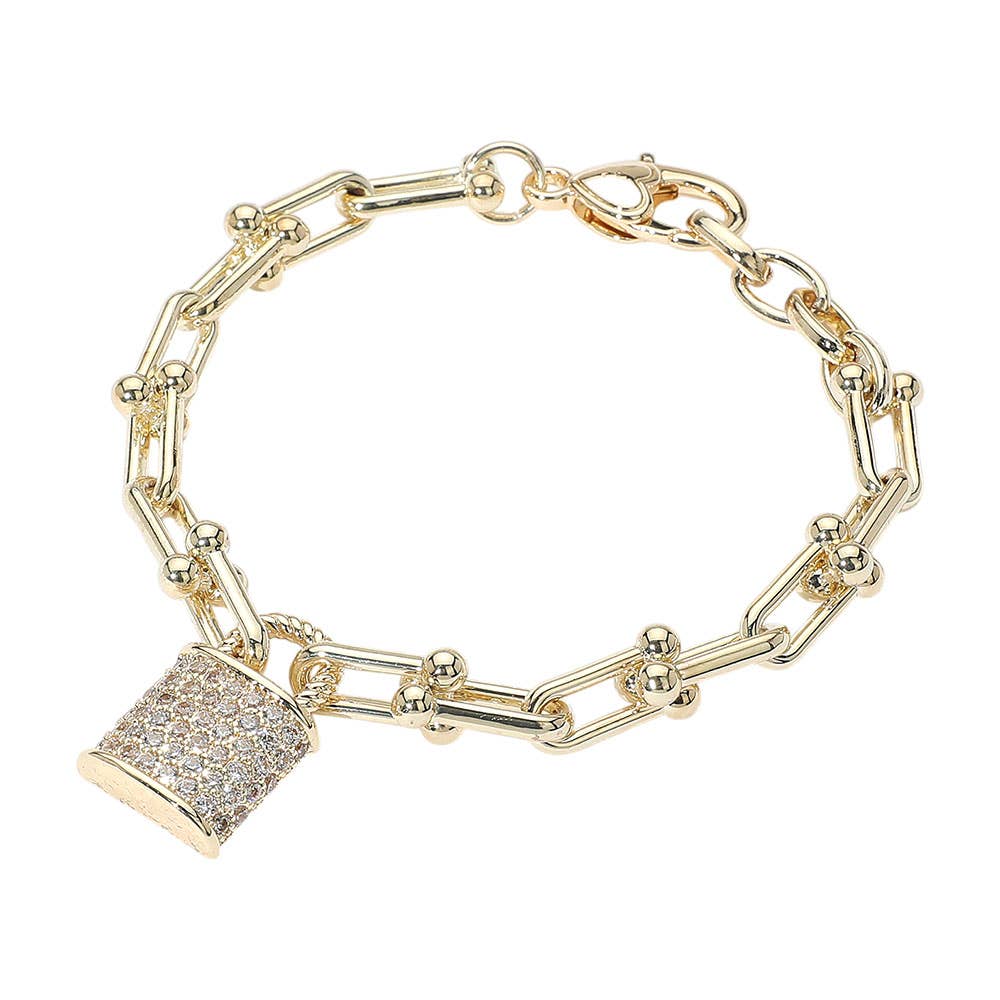 14K Gold Plated CZ Stone Paved Lock Charm Industrial Chain Link Bracelet