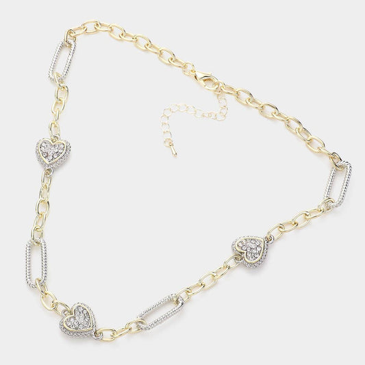 14K Gold Plated Stone Paved Heart Station Necklace