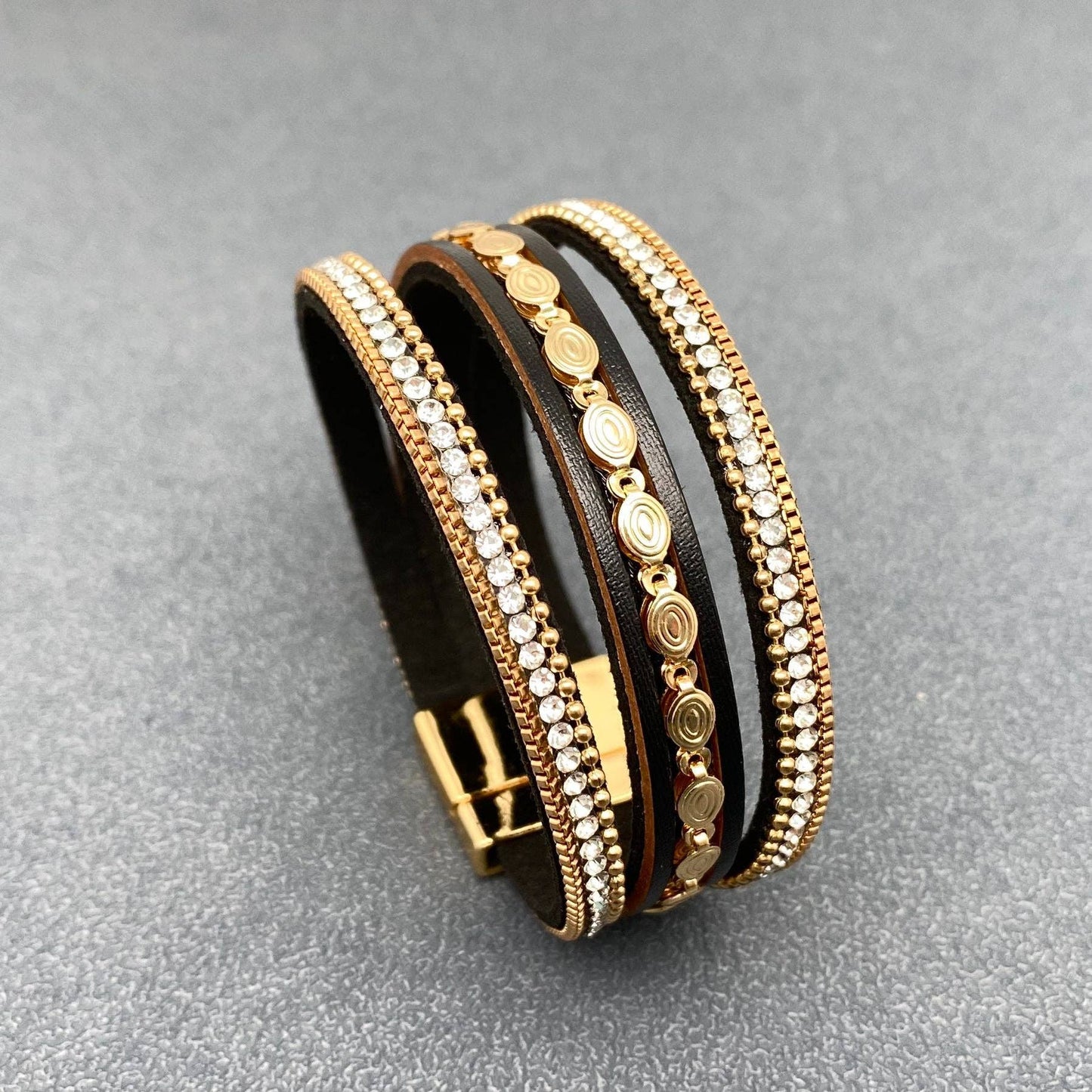Sparkling Rhinestone & Leather Triple-Layer Boho Bracelet