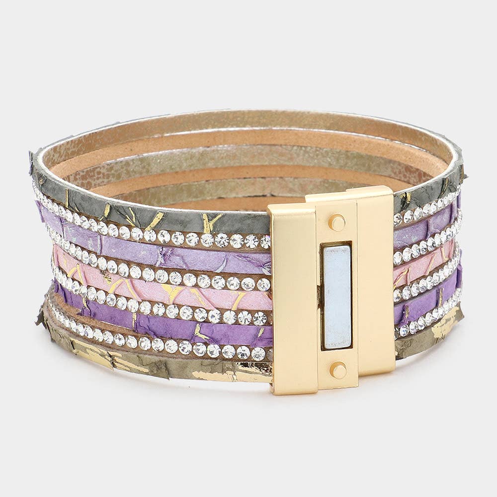 Rhinestone Paved Chain Faux Leather Magnetic Bracelet