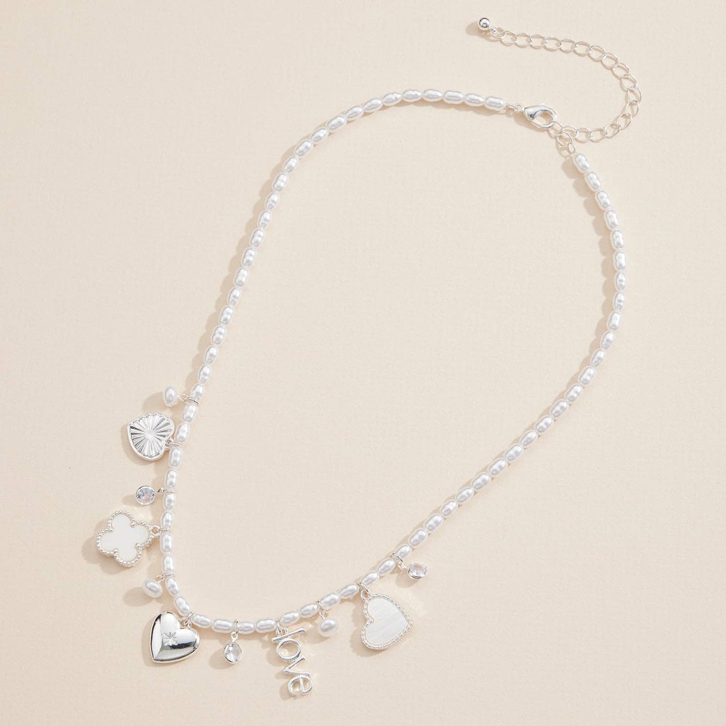 Pearl Charm Necklace with Gold & Silver Heart Pendant