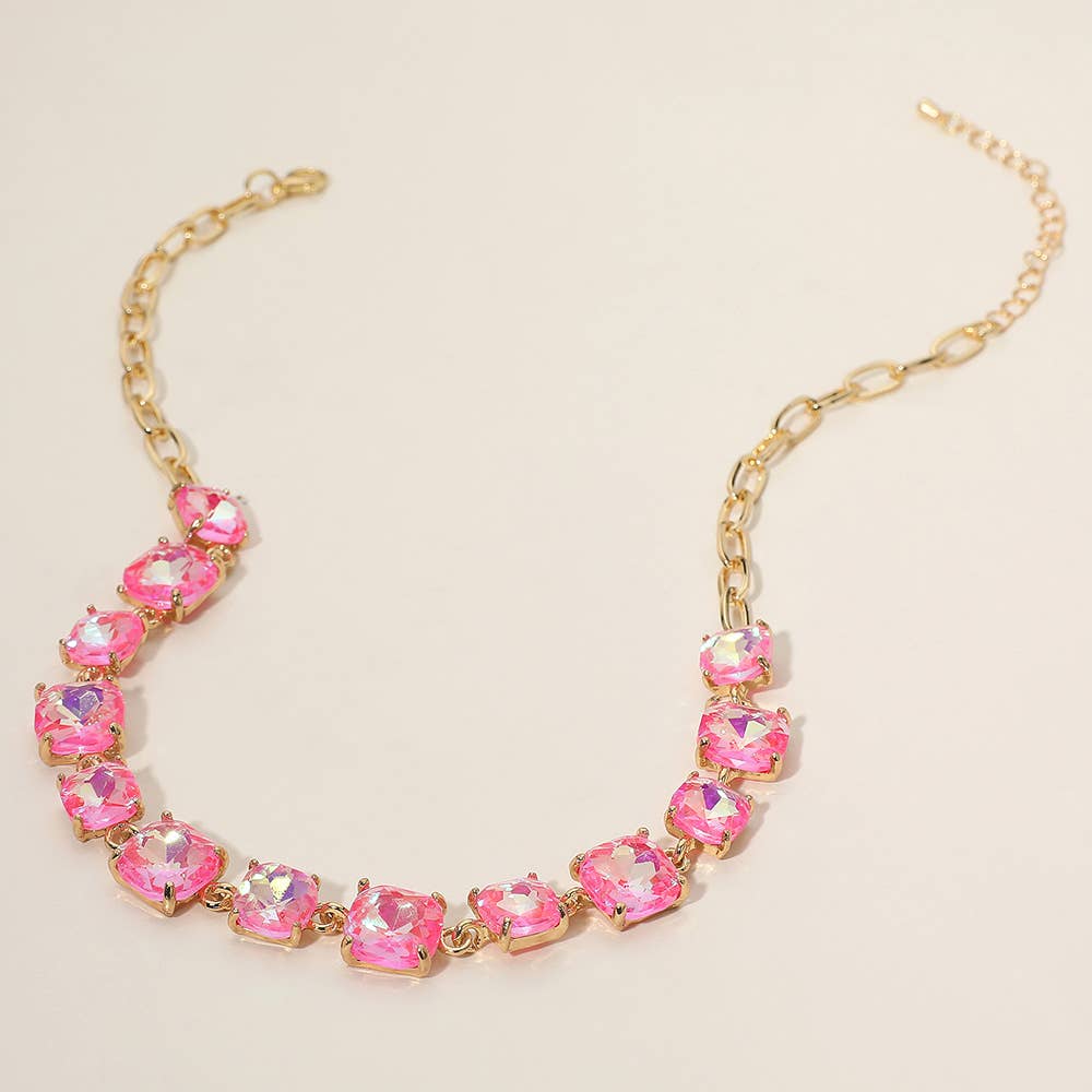 American USA Cushion Square Stone Link Evening Necklace