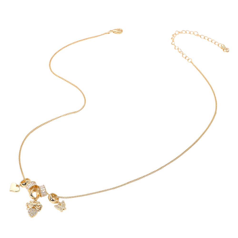 Stone Paved Heart Butterfly Bow Charm Beaded Necklace