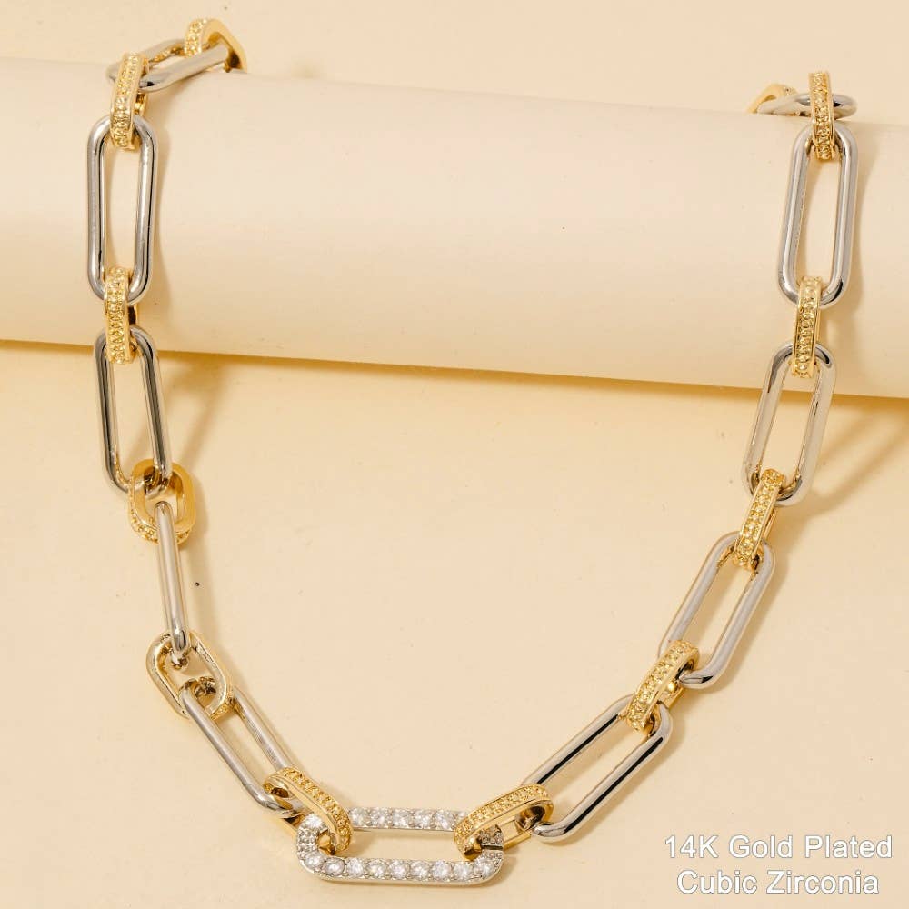 Two Tone Oval Chain Cz Pave Link Chain Necklace