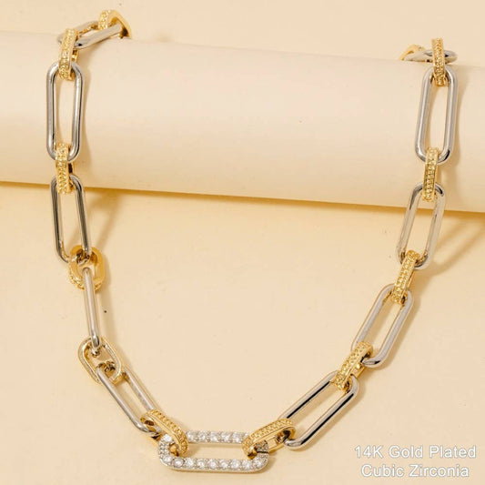 Two Tone Oval Chain Cz Pave Link Chain Necklace