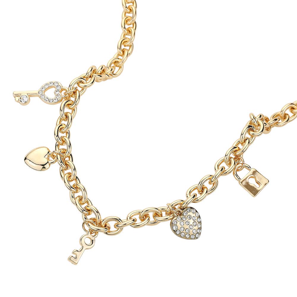 SECRET BOX_Stone Paved Key Heart Metal Lock Charm Station Chain Necklace