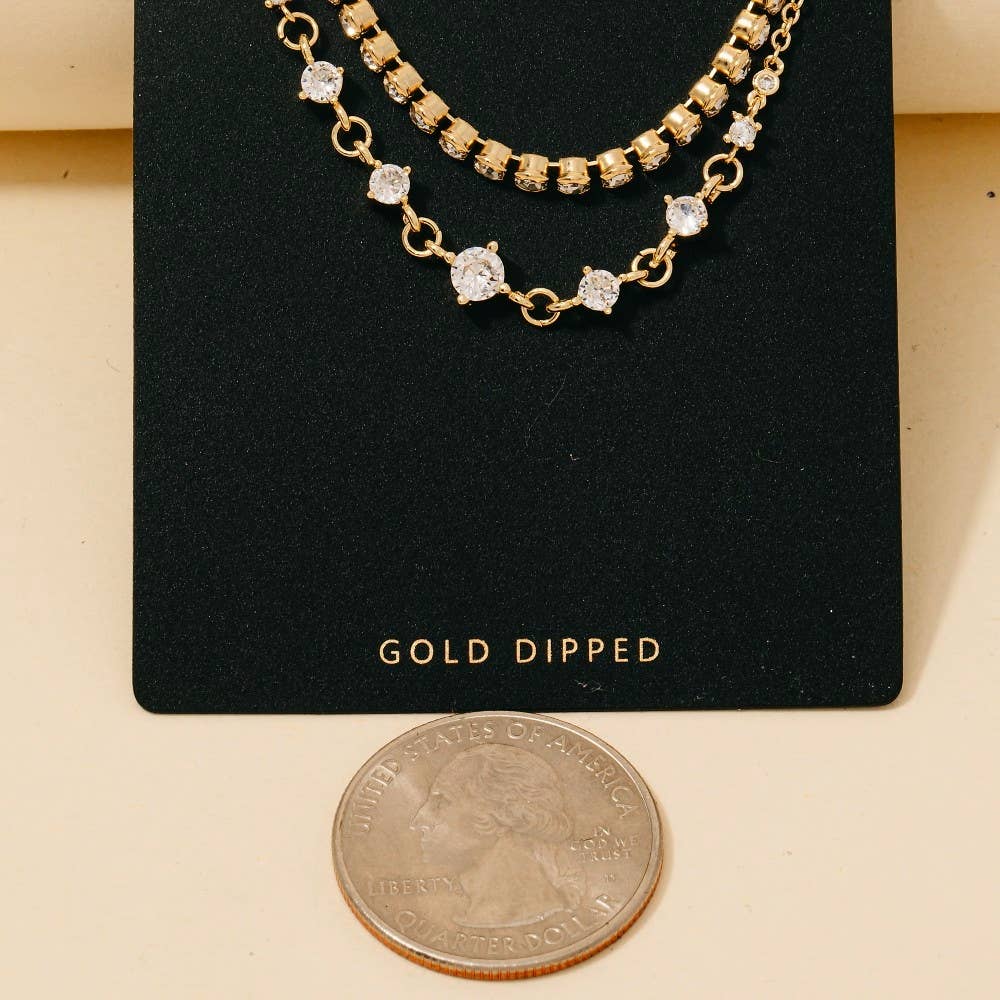 Gold Dipped Round Cz Gems And Chain Layered Necklace