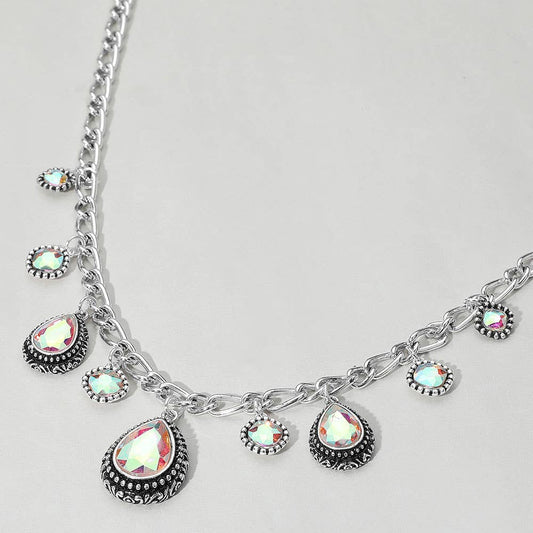 Teardrop Round Stone Cluster Pendant Station Necklace