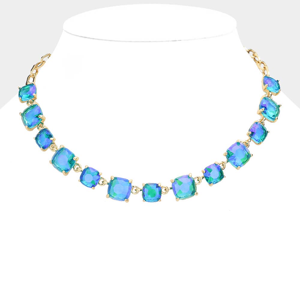 American USA Cushion Square Stone Link Evening Necklace
