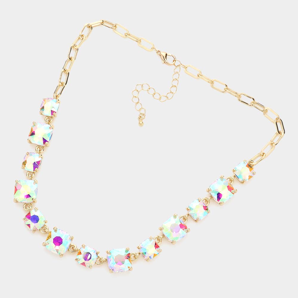 American USA Cushion Square Stone Link Evening Necklace