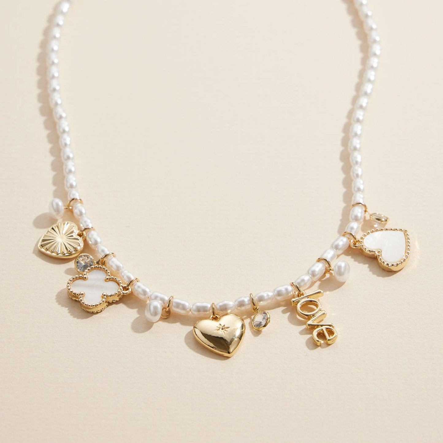 Pearl Charm Necklace with Gold & Silver Heart Pendant