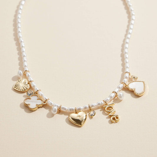 Pearl Charm Necklace with Gold & Silver Heart Pendant