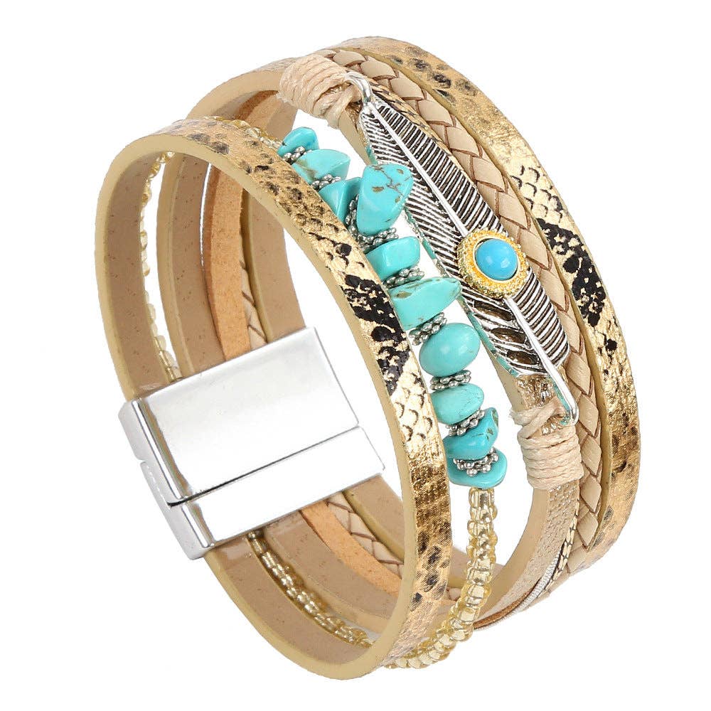 Metal Feather Charm Gravel Woven Leather Bracelet - BJ/LB