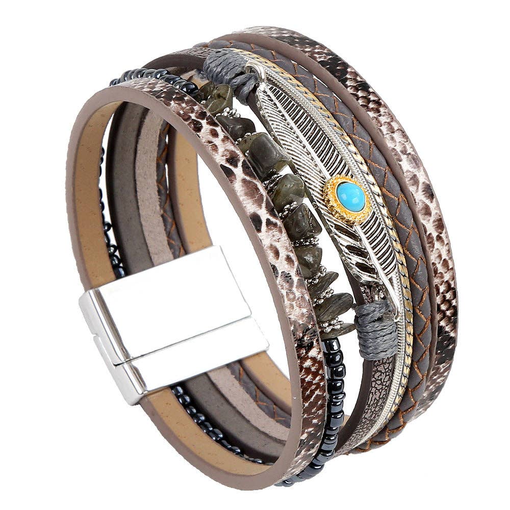Metal Feather Charm Gravel Woven Leather Bracelet - BJ/LB