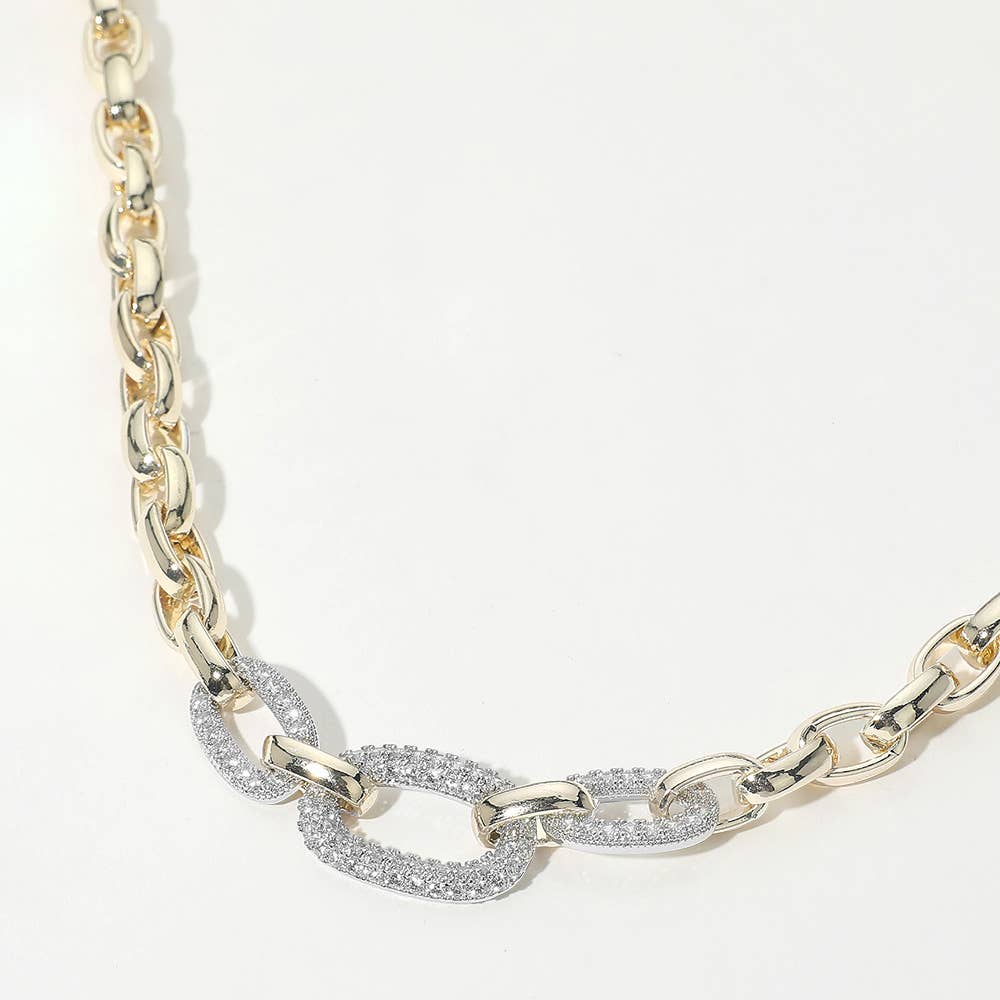 14K Gold Plated CZ Stone Paved Double Oval Link Accent Link Chain Necklace