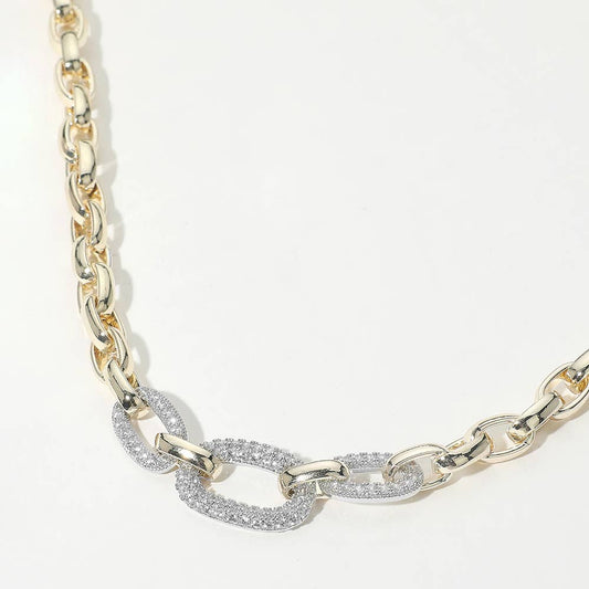 14K Gold Plated CZ Stone Paved Double Oval Link Accent Link Chain Necklace