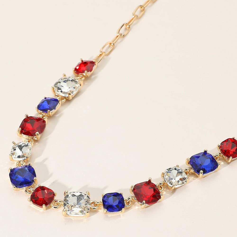 American USA Cushion Square Stone Link Evening Necklace