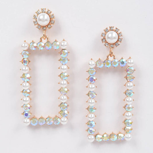 Faux Pearl Rectangle Rhinestone Dangle Earrings