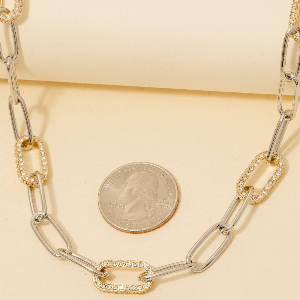 Two Tone Mixed Pave Oval Chain Link Necklace