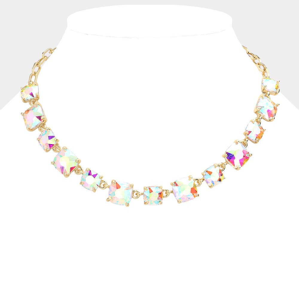 American USA Cushion Square Stone Link Evening Necklace