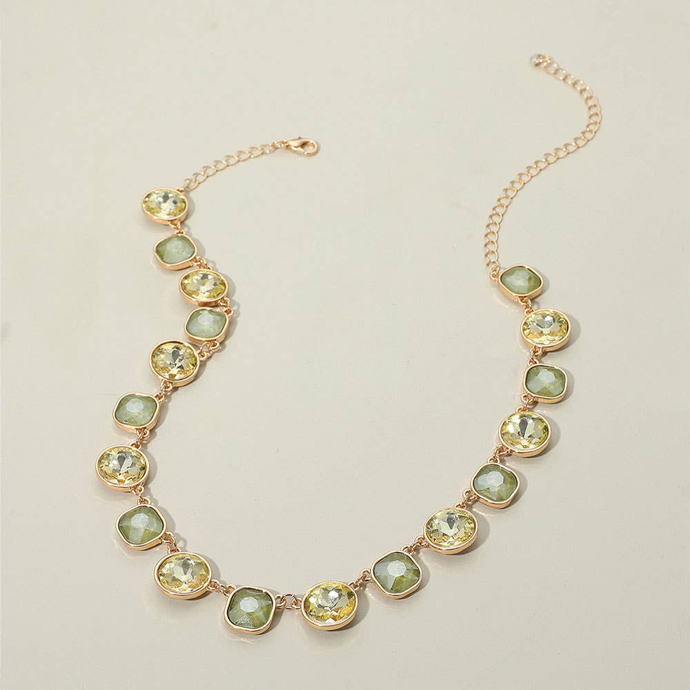 Round Square Stone Bezel Cluster Link Necklace