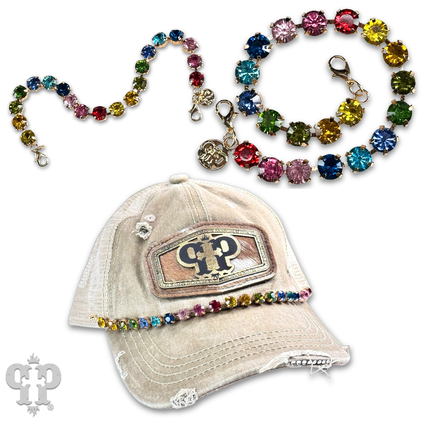 Multi-color rhinestone trucker hat chain