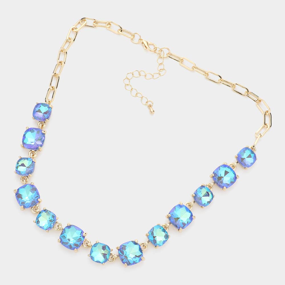 American USA Cushion Square Stone Link Evening Necklace