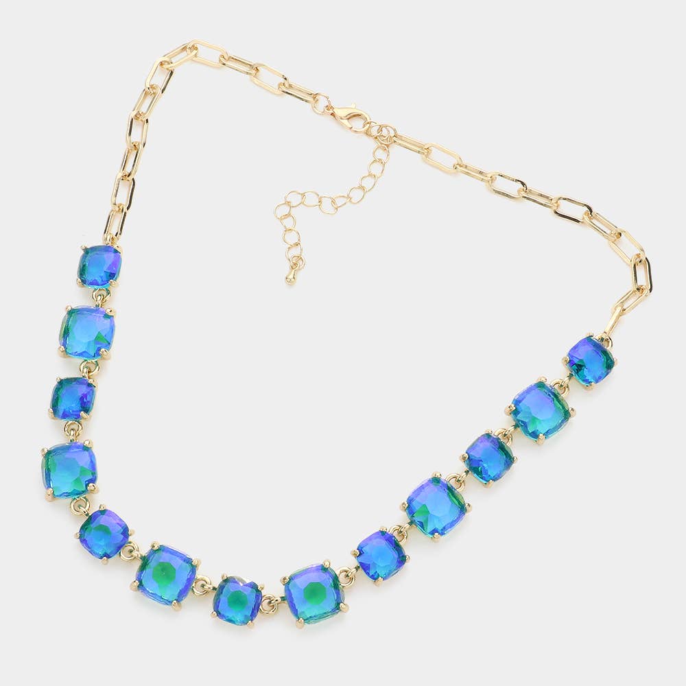 American USA Cushion Square Stone Link Evening Necklace