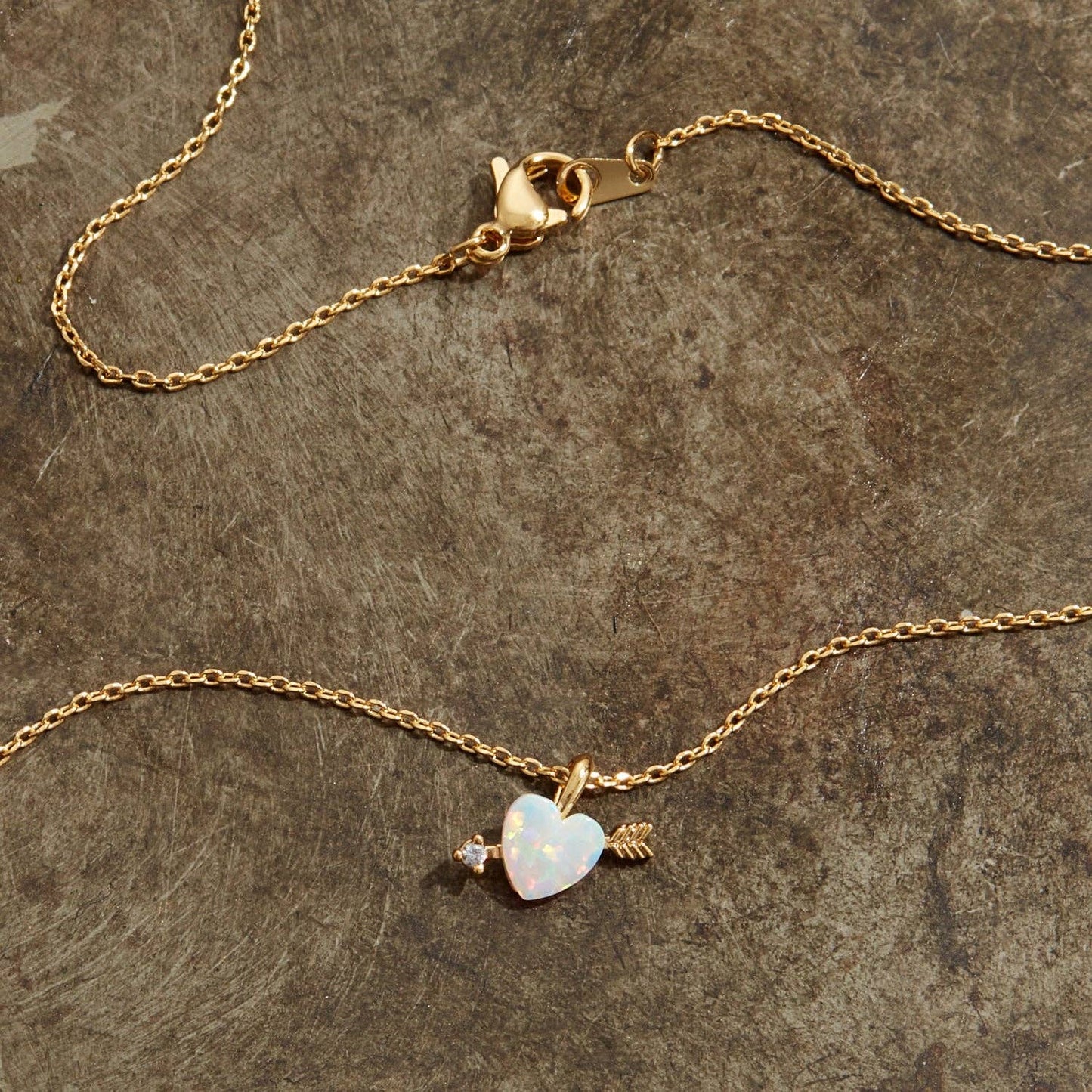 Gold Opal Heart Arrow Pendant Necklace